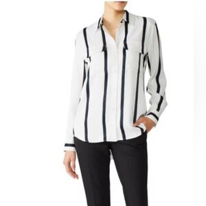 EQUIPMENT signature, silky rayon blouse, cream with navy & brown stripe sz large